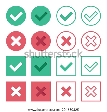 Vector Set of Flat Design Check Marks Icons. 8 Different Variations of Ticks and Crosses Represents Confirmation,  Right and Wrong Choices, Task Completion, Voting, etc. Isolated on White Background.