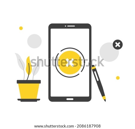 Cross mark on mobile phone screen. Flat vector illustration. Smartphone, pen and x mark button. Close app, exit, failed transaction, error. Modern concepts. Flat design