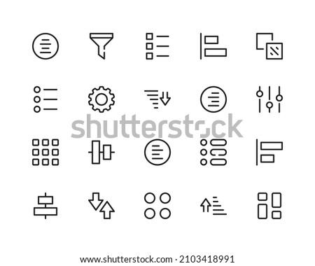 Sorting line icons. Sort, filtering, settings UI. Outline symbols set. Thin line design graphic elements collection. Modern style concepts. Vector line icons set