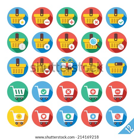 Round vector flat icons set with long shadow for web and mobile apps. Colorful modern design illustrations, concepts.Shopping cart, basket icons symbols for web interface.Isolated on white background.
