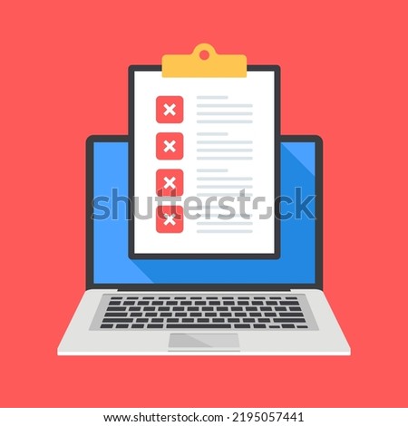Checklist and x marks. Clipboard with check list and cross marks on laptop screen. Error, mistake concepts. Vector illustration