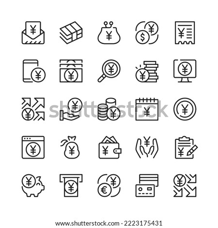 Yen line icons. Outline symbols. Vector line icons set