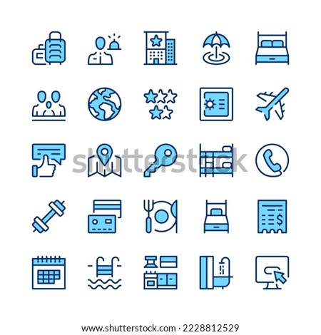 Hotel line icons. Blue color. Vector line icons set