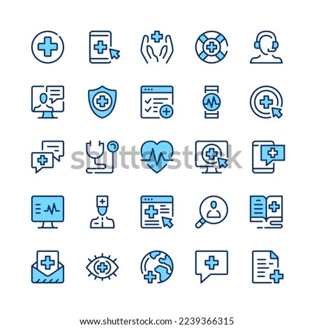 Digital health line icons. Blue color. Vector line icons set