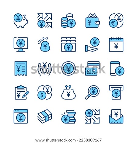 Yen line icons. Set of japanese yen icons. Blue color. Vector line icons set