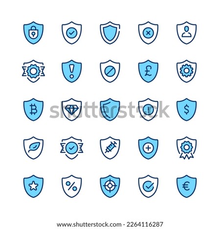 Shield line icons. Set of shield icons. Blue color. Vector line icons set