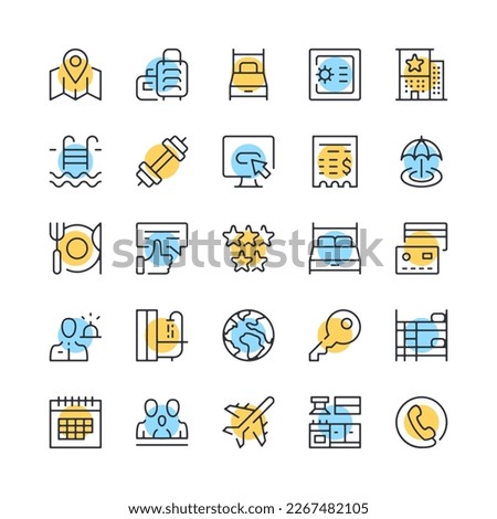 Hotel line icons. Set of hotel amenities icons. Black, blue and yellow colors. Modern outline graphic design. Vector line icons set