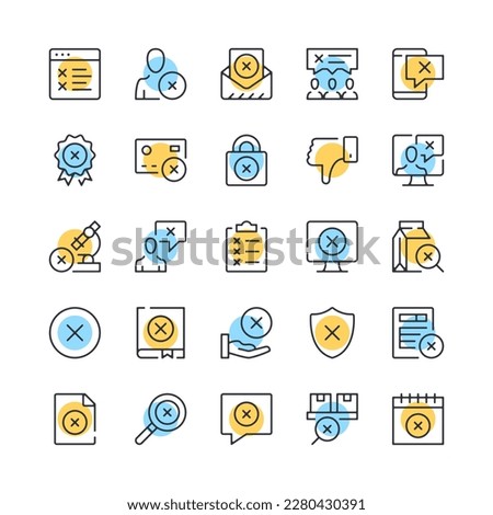 Rejection line icons. Set of dislike icons. Black, blue and yellow colors. Modern outline graphic design. Vector line icons set