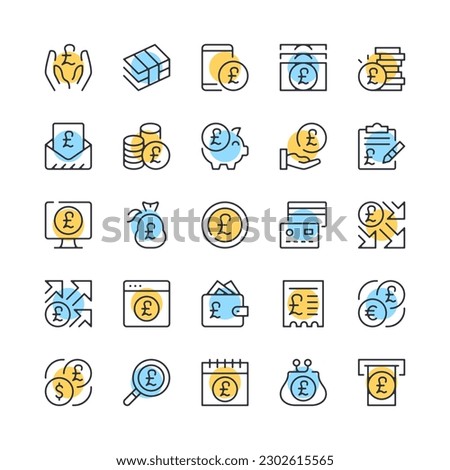 Pound line icons. Set of UK pound icons. Black, blue and yellow colors. Modern outline graphic design. Vector line icons set