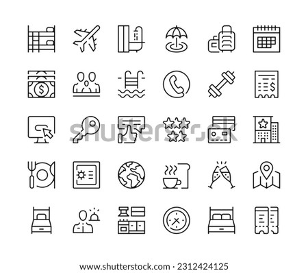 Hotel icons. Vector line icons set. Amenities and services, resorts, vacation, hospitality concepts. Black outline stroke symbols