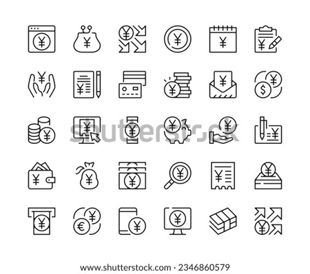 Yen icons. Vector line icons set. Money, Japanese currency concepts. Black outline stroke symbols