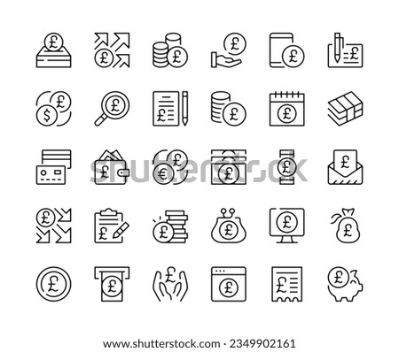 British pound sterling icons. Vector line icons set. UK currency concepts. Black outline stroke symbols