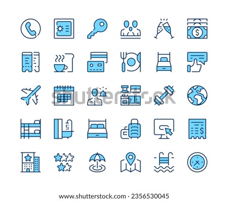 Hotel icons set. Vector line icons. Blue color outline stroke symbols. Modern concepts