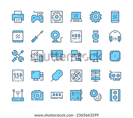 Computer hardware icons set. Vector line icons. Blue color outline stroke symbols. Modern concepts