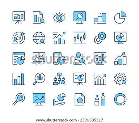 Data analysis icons set. Vector line icons. Blue color outline stroke symbols. Modern concepts