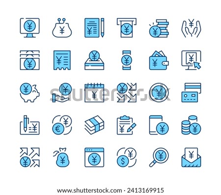 Yen icons set. Vector line icons. Blue color outline stroke symbols. Modern concepts