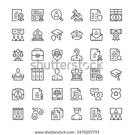 Legal system icons set. Vector line icons. Black outline stroke symbols