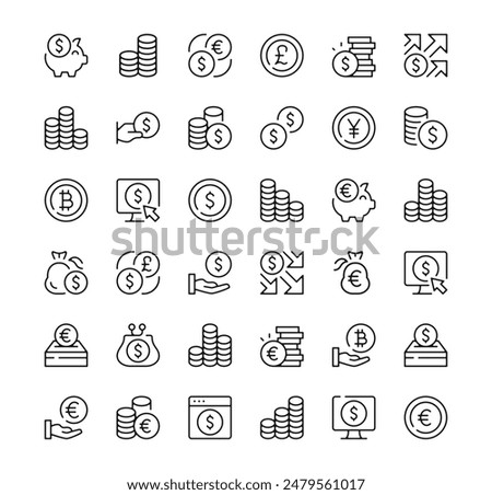 Coin icons set. Vector line icons. Black outline stroke symbols