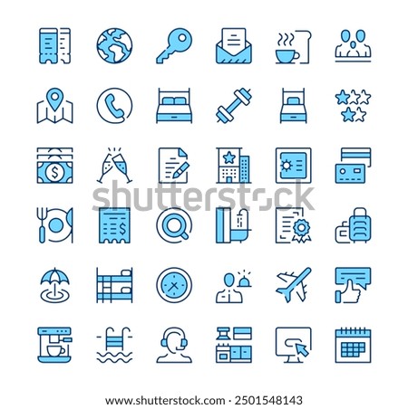 Hotel icons. Outline symbols. Vector blue line icons set