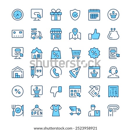 Online shopping icons. Outline symbols. Vector blue line icons set