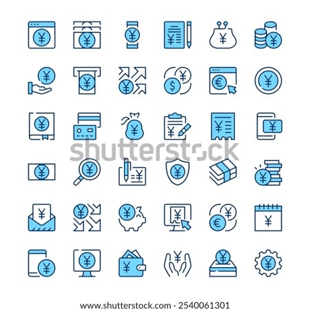 Yen icons. Outline symbols. Vector blue line icons set