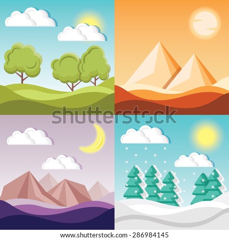 Set of 4 cartoon nature backgrounds and landscapes with different seasons. Fields and forest, desert with pyramids, night mystery canyon with mountains, winter forest. Beautiful vector illustrations