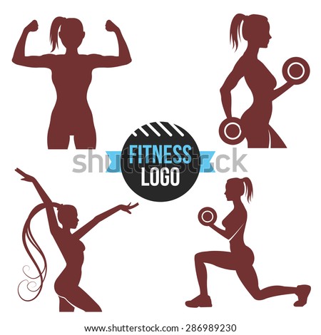 Fitness logo set. Elegant women silhouettes. Fitness club, fitness exercises concept. Vector illustration isolated on white background