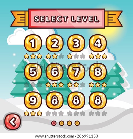 Level selection screen. Winter forest concept. Creative ui templates set for web, mobile and computer video games. Vector illustration