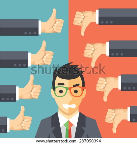 Happy angry businessman. Man in suit with different face expressions - happiness and anger. Likes, dislikes, public opinion, vox populi concept. Creative vector illustration