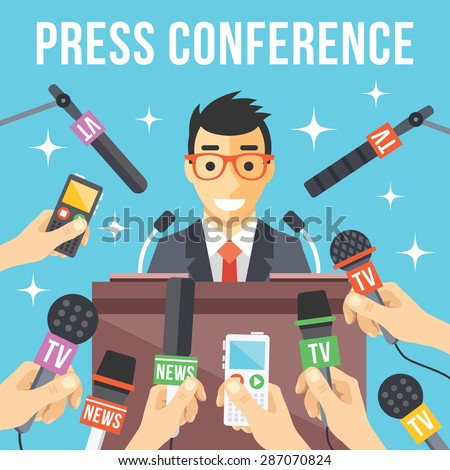 Press conference. Live report, live news concept. Many hands of journalists with microphones, dictaphones and handsome smiling man standing at the rostrum and giving interview. Vector illustration