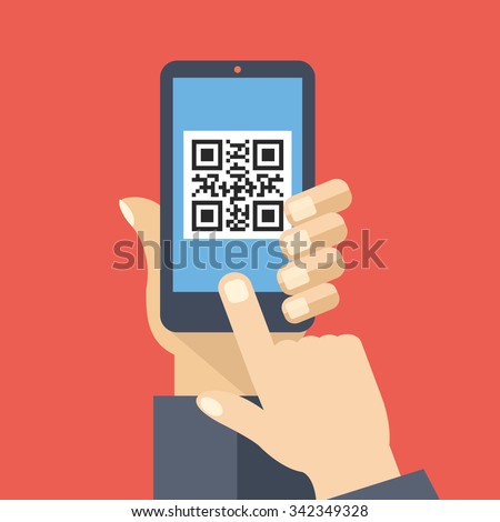 QR code reader app on smartphone screen. Scan QR code. Hand holds smartphone, finger touch screen. Modern concept for web banners, web sites, infographics. Creative flat design vector illustration