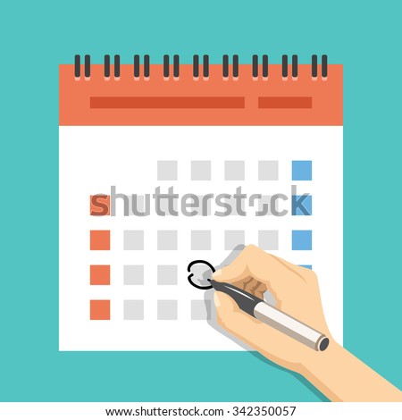 Hand with pen mark calendar. US version with week started on Sunday. Important event. Modern flat design concept for web banners, web sites, printed materials, infographics. Flat vector illustration