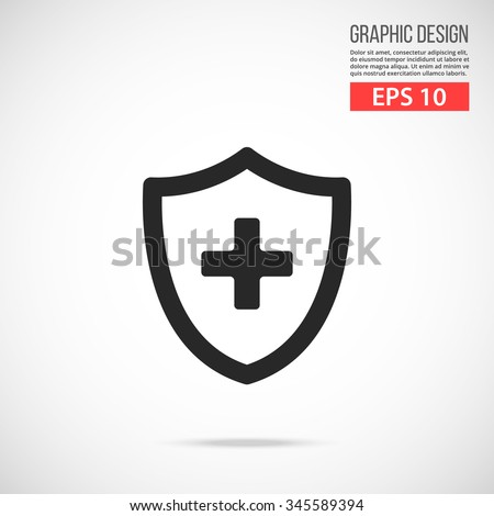 Medical shield with cross icon. Black pictogram. Modern flat design vector illustration, new concept for web banners, web site, infographics. Vector icon graphic art isolated on gradient background