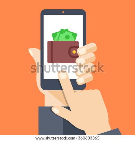 Wallet app page on smartphone screen. Hand hold smartphone, finger touch screen. Mobile wallet account. Modern concept for web banners, web sites, infographic. Creative flat design vector illustration