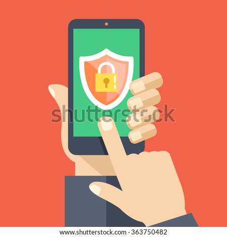 Mobile security app on smartphone screen. User touch screen. Flat design vector illustration
