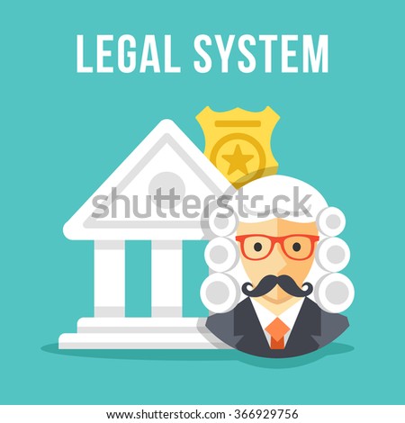 Legal system. Courthouse, police badge, judge icons set. Modern flat design concept for web banners, web sites, printed materials, infographics. Creative colorful vector illustration