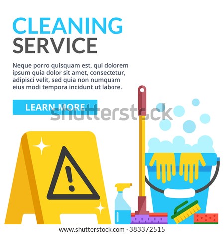 Cleaning Service Flat Illustration. Creative Modern Web Banner. Caution ...