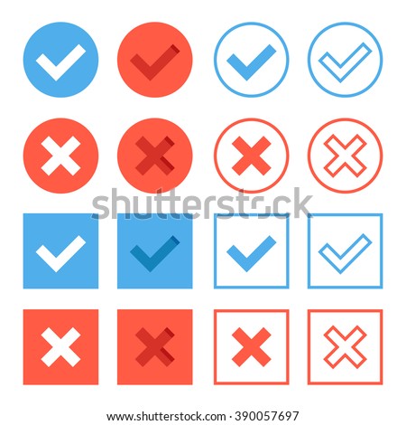 Crosses and check marks icons set. Red and blue web buttons set. Thin line, outline, flat design elements for web banners, web sites, mobile apps, infographics, printed materials. Vector icons set