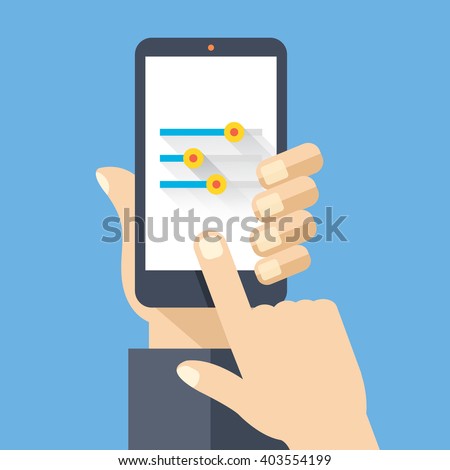 Hand holding smartphone with settings screen. Modern concept for web banners, web sites, printed materials, infographics. Flat design vector illustration