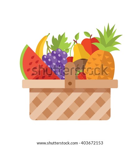 Wicker basket full of fruits. Modern flat design concepts for web banners, web sites, printed materials, infographics. Colorful vector illustration isolated on white background