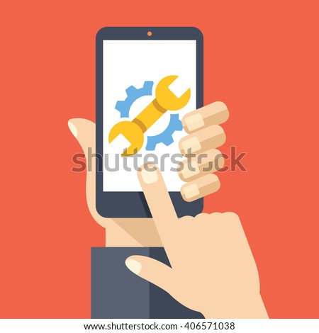 Settings on smartphone screen. User touch wrench and gear logo. Adjusting app, set options, repair, fixing phone concepts. Flat design vector illustration