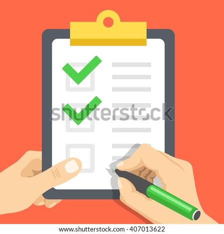 Hand holds document with checkmarks and hand with pen about to write one more tick. Clipboard with green check marks. Survey, quiz, to-do list, agreement flat design concept. Vector illustration