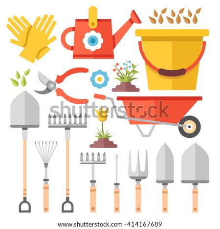 Gardening work tools flat icons set. Nice equipment for working in garden, gardening cart, gloves, secateurs, seeds, tulip flower, shovel, watering can, etc. Flat vector illustration set