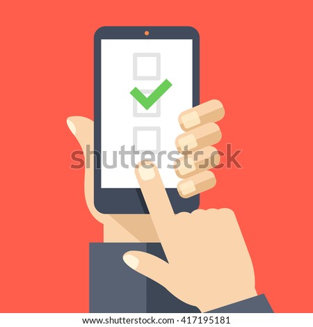 Checkboxes on smartphone screen. Hand hold smartphone, finger touch screen. Checkboxes and checkmark. Modern concept for web banners, web sites, infographics. Creative flat design vector illustration