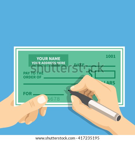 Man hands writing check. Hand hold bank check and hand hold pen filling check fields. Modern concept for web banners, web sites, infographics. Top view. Creative flat design vector illustration