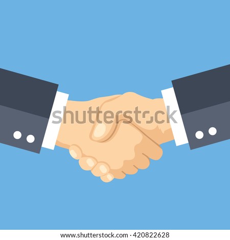 Shaking hands flat design concept. Handshake, business agreement, bet, partnership concepts. Two hands shaking each other. Vector illustration isolated on blue background
