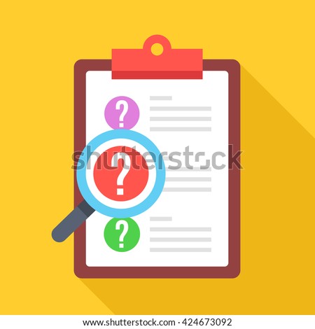 Clipboard with question marks and magnifying glass. Survey, quiz, investigation, customer support questions concepts. Flat design vector icon with long shadow isolated on yellow background