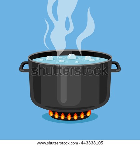 Boiling water in pan. Black cooking pot on stove with water and steam. Flat design graphics elements. Vector illustration
