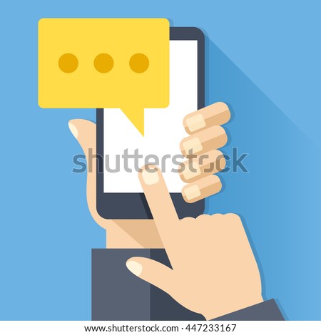 Chat icon, message on smartphone screen. Hand holds smartphone, finger touches screen. Modern instant messaging concept for web banner, web site, infographics. Creative flat design vector illustration