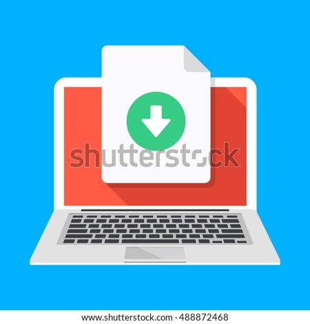 Laptop and download file icon. Document downloading concept. Trendy flat design graphic with long shadow. Vector illustration
